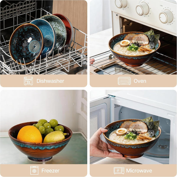 8 Inch Ceramic Ramen Bowl Set of 2, 40Oz Japanese Bowls with Spoons & Chopsticks,Durable,Microwave & Dishwasher Safe,Perfect for Ramen,Pho,Salad,Soup,Noodles，Mixing Bowls（Verdigris Green）5