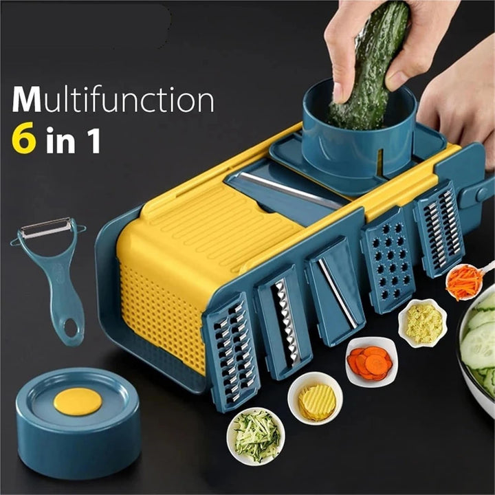 6 in 1 Vegetable Slicer Set with 5 Stainless Steel Blades Potato Peeler Carrot Grater Kitchen Tool with Container and Hand Guard+2