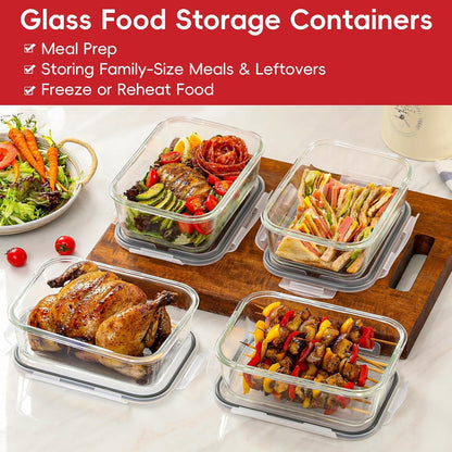 4 Pack 8 Cups/ 63Oz Large Glass Storage Containers with Lids, Meal Prep Containers, Glass Food Storage with Airtight Lid for Baking, Leak Proof & Microwave, Oven Safe (4 Containers + 4 Lids)5