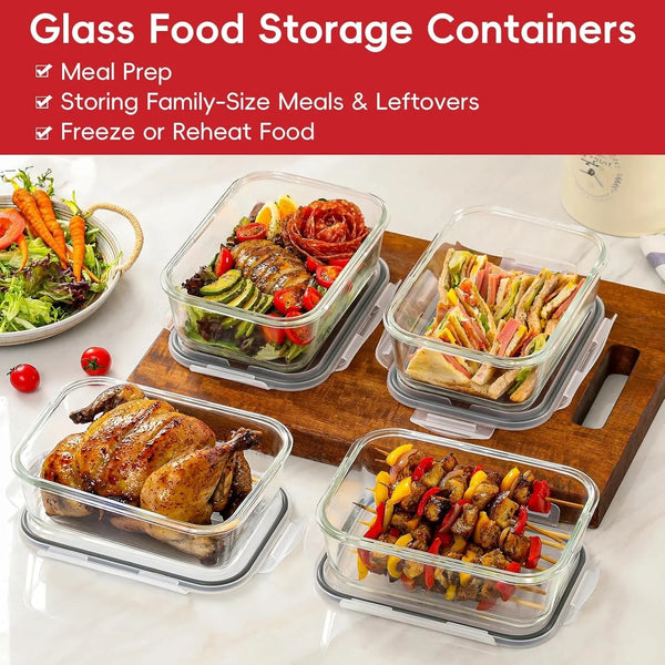 4 Pack 8 Cups/ 63Oz Large Glass Storage Containers with Lids, Meal Prep Containers, Glass Food Storage with Airtight Lid for Baking, Leak Proof & Microwave, Oven Safe (4 Containers + 4 Lids)5