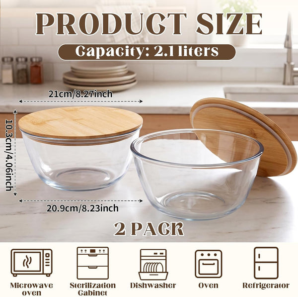 2 Pcs 2.1 Qt Glass Mixing Bowls with Bamboo Lid, Large Salad Bowl2