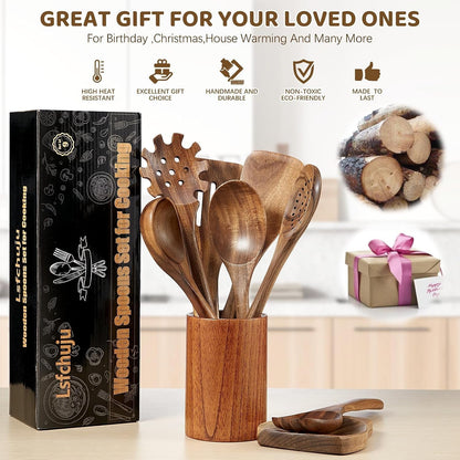 Wooden Kitchen Utensil Set,10 Piece Natural Teak with Spoon Rest & Hooks4