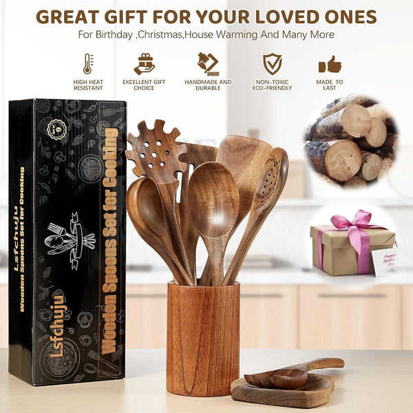 Wooden Kitchen Utensil Set,10 Piece Natural Teak with Spoon Rest & Hooks4