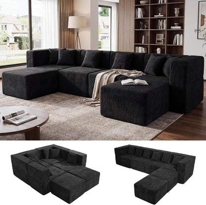 U Shaped Boneless Sectional Couch Oversized, Chenille, Black1