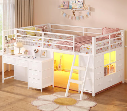 Low Loft Bed Twin Size with Desk, 12 Storage Drawers, Window, White1