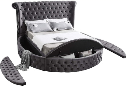 Meridian Furniture Luxus Collection Modern Contemporary round Shaped Velvet Upholstered Bed with Deep Button Tufting and Footboard Storage, King, Grey8