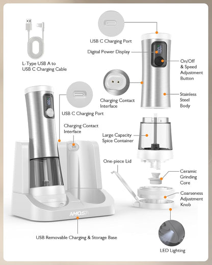 Electric Salt and Pepper Grinder Set, Battery Display Rechargeable Base7