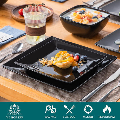 Soho Dinnerware Sets 12 Pieces, Black Stoneware Square Place Setting, Plates and Bowls Sets, Dinner Plate, Dishes Set for 43
