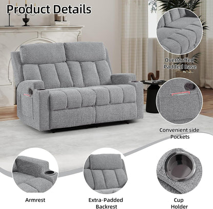 Manual Recliner Sofa Set, Soft Fabric Reclining Loveseat with Side Pockets and Cup Holders, 2 Seat Reclining Couch for Living Room, Office, Light Grey3