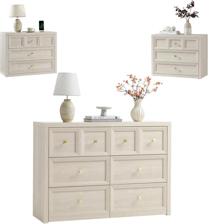 3 Piece Dresser Bedroom Set - 6 Drawer Dresser and 3 Drawer Oversized Nightstands Set of 2 with Charging Station, Farmhouse Dresser Sets for Bedroom,Grey White1