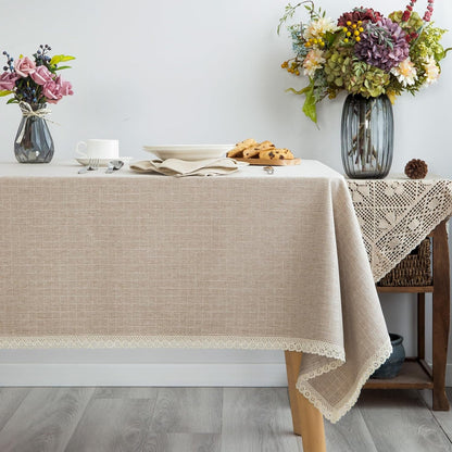 Textured Tablecloth Linen-Look Rustic Burlap Style Washable Solid Heavy Weight Lace Trim Rectangle Fabric Table Cloth,Table Cover for Kitchen Dinning Tabletop Decoration 55X70 in Beige1
