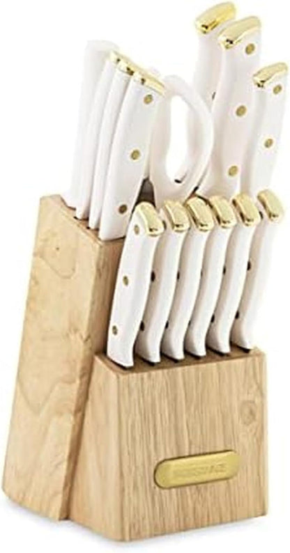 15-Piece Knife Block Set, Triple-Riveted High-Carbon Stainless Steel Kitchen Knives, Razor Sharp Blades, Wood Storage Block, White/Gold1