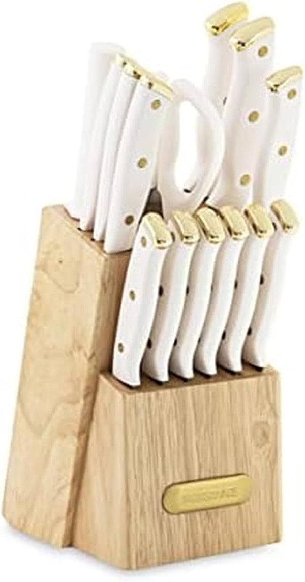 15-Piece Knife Block Set, Triple-Riveted High-Carbon Stainless Steel Kitchen Knives, Razor Sharp Blades, Wood Storage Block, White/Gold1