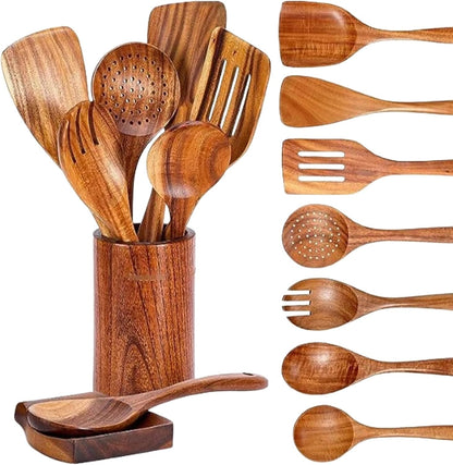 Wooden Kitchen Utensil Set, 9-Piece Cooking Tools with Holder and Spoon Rest, Wooden Spoons for Cooking1