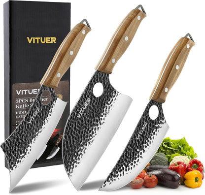 3PCS Butcher Knife Set, Hand Forged 7" Butcher Meat Cleaver, 7" Serbian Chef and 6.5" Viking Knife, Great for Indoor & Outdoor (Stylish Pattern Design)1
