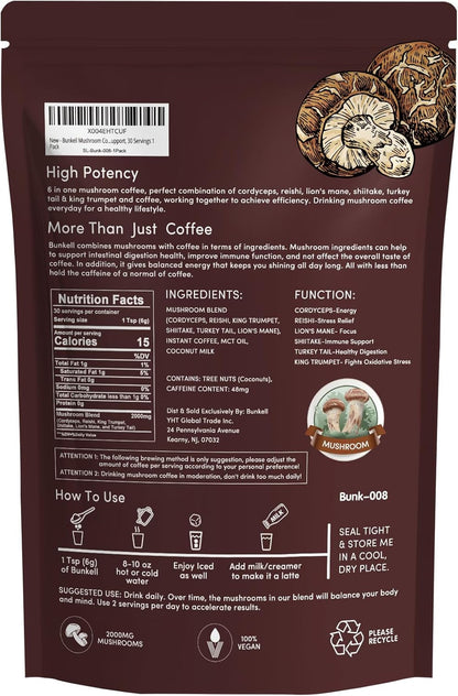 Mushroom Coffee, Instant Coffee Blend with 6 Adaptogenic Mushrooms (Lion'S Mane, Reishi, Cordyceps, Shiitake, King Trumpet & Turkey Tail) for Energy, Digestion & Immune Support, 30 Servings9