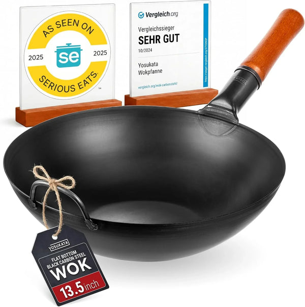 13.5" Pre-Seasoned Flat Bottom Black Carbon Steel Wok for Stir Fry | Pow Wok for Stir Fry, BBQ, Grill, Camping – Traditional Chinese Cookware for Induction, Electric, Gas, Open Fire1