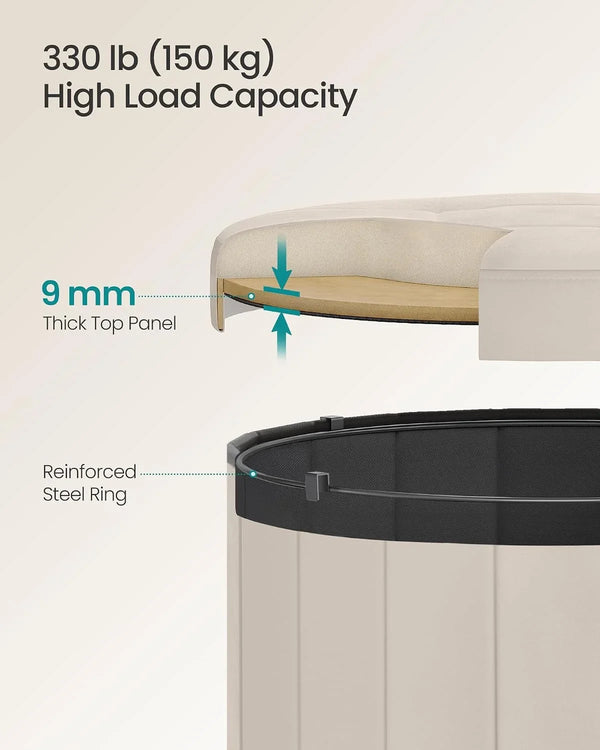 SONGMICS Mazie Collection - round Storage Ottoman, Folding Footrest Stool with Removable Lid, Easy Assembly, Velvet Vanity Stool for Bedroom, Living Room, Entryway, Cappuccino Beige ULSF608L013