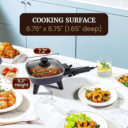 EFS059 Personal Compact Electric Skillet, 7" 600W, Black | Portable Cooker with Removable Handle, Nonstick Surface, Tempered Glass Lid, Adjustable Temperature, Rapid Heating2