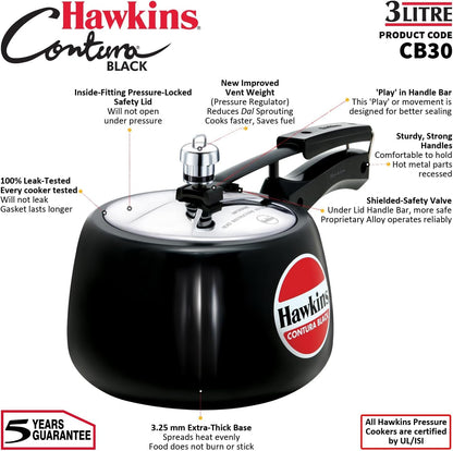 3 Litre Contura Black Pressure Cooker, Hard Anodised Inner Lid Cooker, Handi Cooker, Black (CB30)8