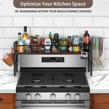 Spice Rack Shelf for Kitchen Stove, over the Stove Shelf with 4 Hooks Extra Storage Countertop, Rustic Wood & Solid Metal Commbined Stove Shelf for Storage Seasoning, Easy to Assemble3