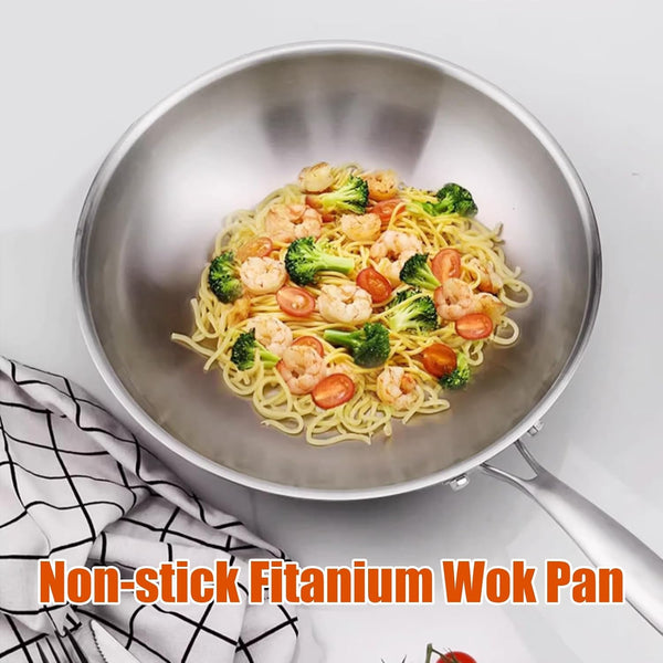 Titanium Wok, No Coating Non-Stick Titanium Pans for Cooking, Flat Bottom Wok, Ultra-Durable, Scratch-Resistant, Compatible with All Cooktops,14.17In3