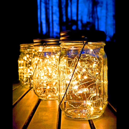 Solar Mason Jar Lights,4 Pack 30 Led Starry Fairy String Hanging Jar Lights,Solar Lanterns for Outdoor Patio Party Garden Wedding Halloween Christmas Projector Decor Light(Mason Jars/Handles Included)3