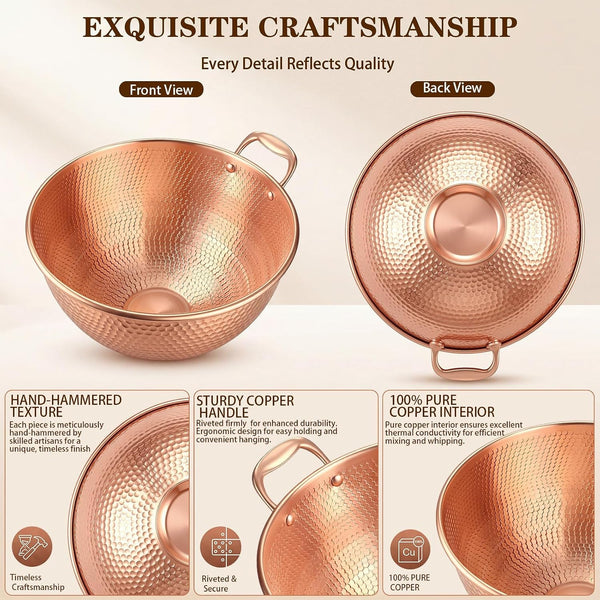 5 Qt Large Hammered Pure Copper Mixing Bowl with Handle4