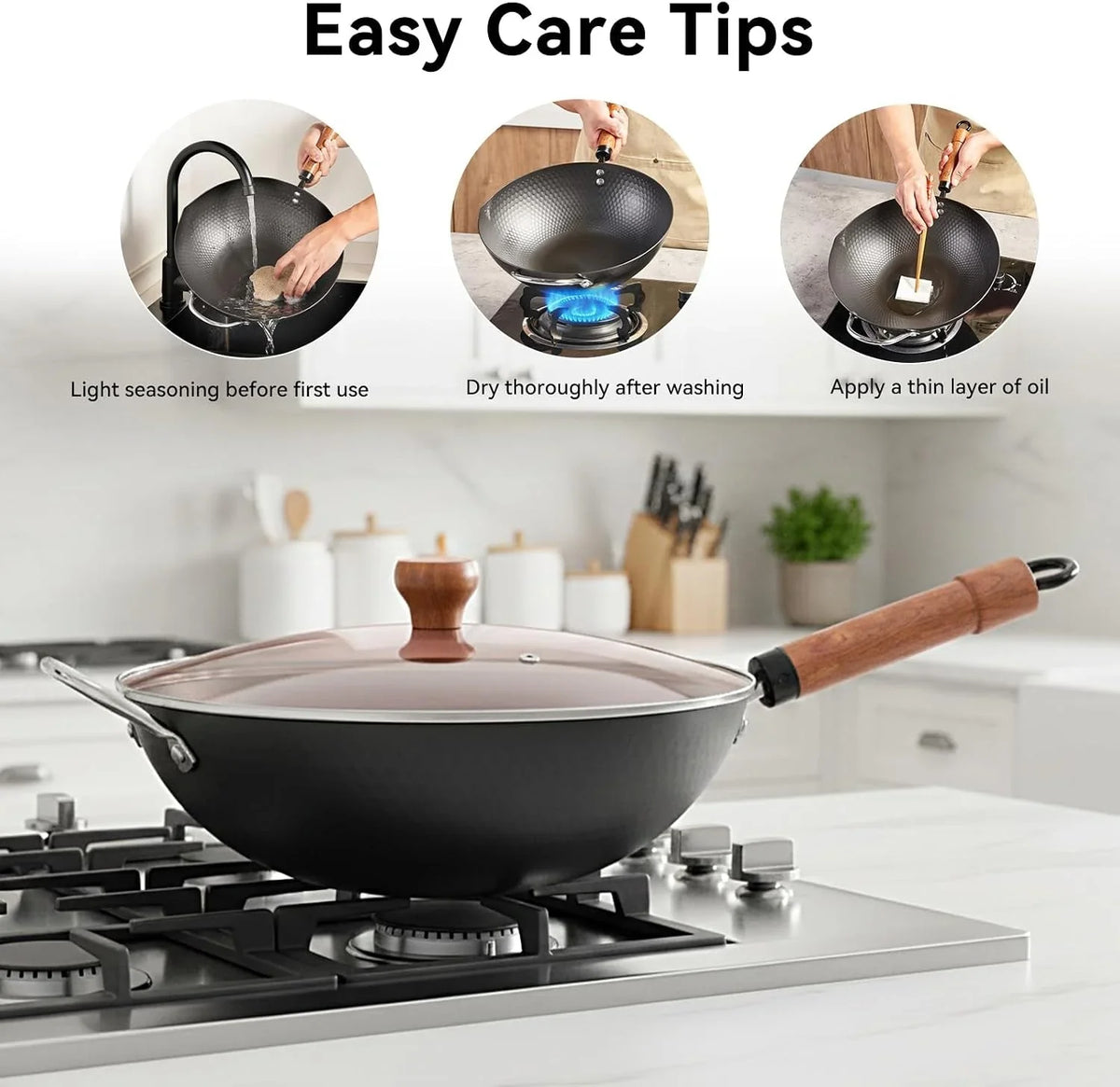 carbon-steel-wok-with-lid-12-6-hammered-stir-fry-pan-with-helper-handle-iron-spatula-thickened-heavy-duty-flat-bottom-wok-for-induction-electric-gas-stoves-metal-utensil-safe