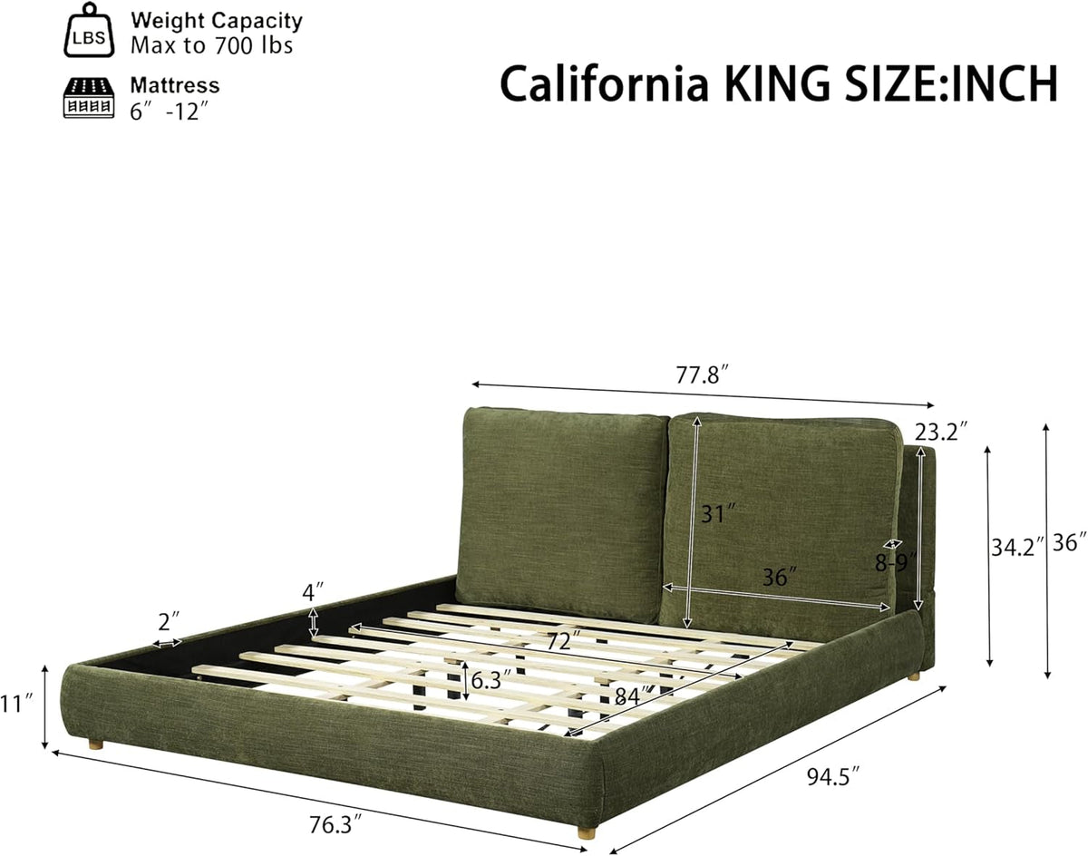 california-king-linen-blend-platform-bed-with-2-pillows-olive-green