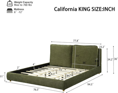 California King Linen Blend Platform Bed with 2 Pillows, Olive Green2