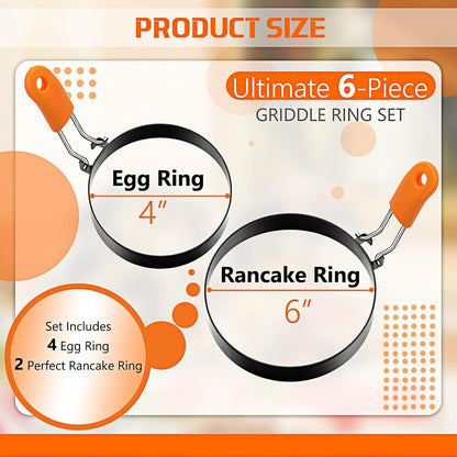 6 Pcs Egg Rings for Griddle Nonstick Pancake Molds,4, 6 Inch | Stainless Steel with Orange Silicone Handle, Fried Egg Shapers Molds, Adjustable for Breakfast Omelette Sandwich2