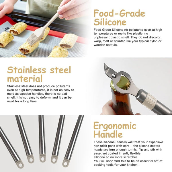 Kitchen Utensil Set-Silicone Cooking Utensils-33 Kitchen Gadgets & Spoons for Nonstick Cookware-Silicone and Stainless Steel Spatula Set-Best Kitchen Tools, Useful Pots (Khaki)5