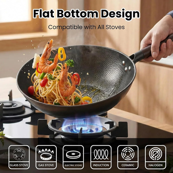 13 Inch Carbon Steel Wok with Lid, Large Flat Bottom Woks & Stir-Fry Pan | Large Chinese Wok Pan, 6.45QT, Nitrided Carbon Steel, No Chemical Coating, for All Stoves7