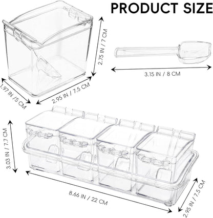 Clear Seasoning Box, 4 Pieces Seasoning Rack Spice Pots, Storage Container Condiment Jars Acrylic Seasoning Box with Covers and Spoons for Spice, Sugar, Salt, Sugar, Cardamon, Cinnamon2