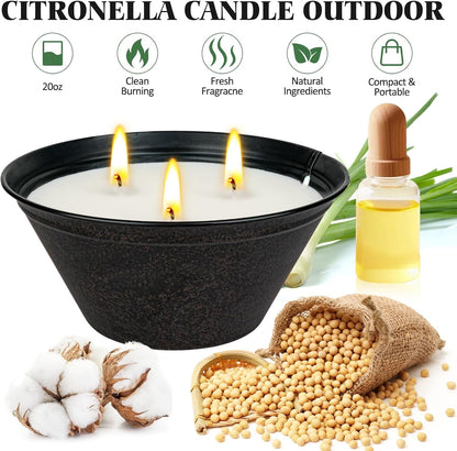 Citronella Candles Outdoor Large 23Oz 3-Wick Natural Citronella Lemongrass Soy Wax Bucket Candle up to 100 Hours Outdoor Candles for Patio,Yard,Fishing,Home Decor,Backyard in Summer2