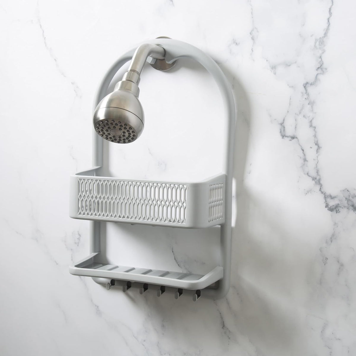 molded-shower-caddy-bathroom-storage-hangs-over-shower-head-6-accessory-hooks-holds-razors-washcloths-accessories-suction-cup-stability-grey