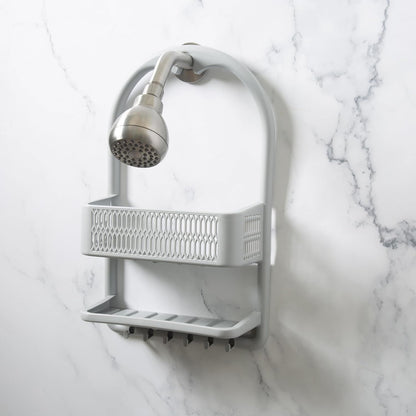 Molded Shower Caddy | Bathroom Storage | Hangs over Shower Head | 6 Accessory Hooks | Holds Razors | Washcloths | Accessories | Suction Cup Stability | Grey5