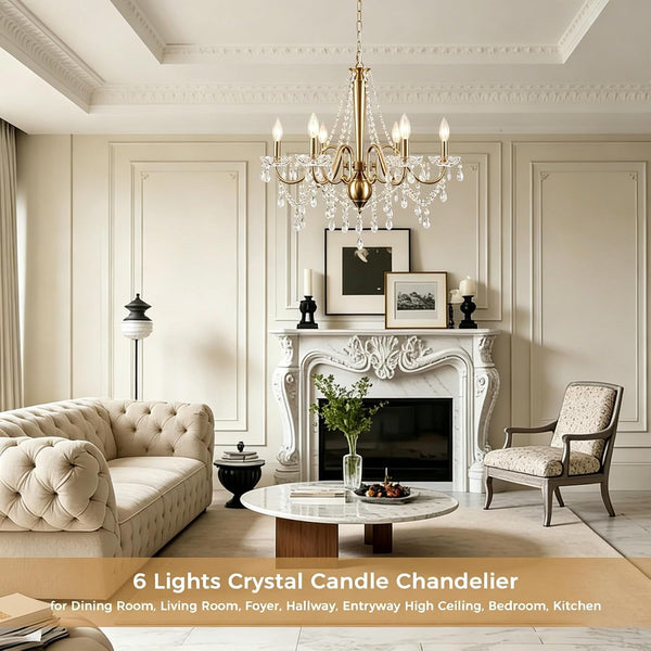 Gold Crystal Chandelier, 6-Light Candle Style French Chandelier with Clear Crystal, 25" Vintage Modern Farmhouse Dining Room Chandelier Light Fixture for Living Room Bedroom Kitchen Foyer Stairway2