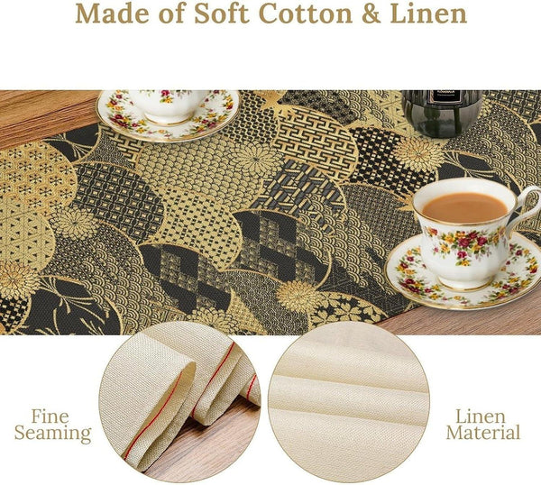 Japanese Table Runner,Gold Vintage Traditional Oriental Geometric Line Chinese Style Table Runner for Home Party Kitchen Dining Table Wedding Decor 13X90In5