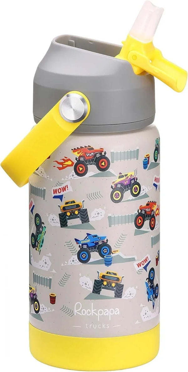 14Oz Kids Stainless Steel Water Bottle with Straws, Trucks1