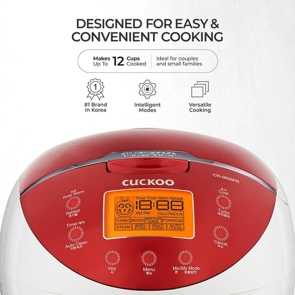 CUCKOO Micom Rice Cooker 6 Cup Uncooked / 12 Cup Cooked, Fuzzy Logic Rice Maker with Delay Timer & Keep Warm Setting, Versatile Food Steamer for Cooking, Non-Stick Inner Pot, Red (CR-0655F) | 6-Cup Uncooked Capacity, Nonstick Inner Pot, 8 Cooking Modes, Turbo White Rice in 32-44 Minutes, Auto Clean2