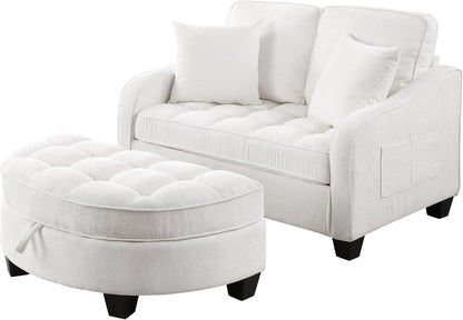 Chenille Tufted Loveseat Sofa and Ottoman Set, Tufted Recliner Sleeper Chaise Lounge with Curved Storage Ottoman,Reclining Backrest and Side Pockets, 4 Pillows11