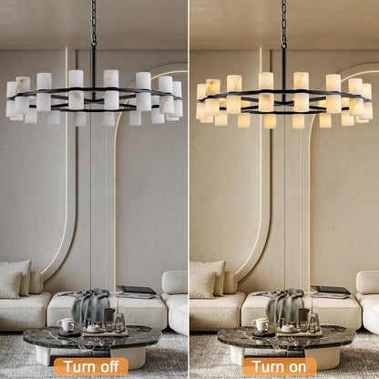 Alabaster round Chandelier, Natural Spanish Stone Texture Chandeliers, D31In round Chandeliers for Dining Room Chandelier Light Fixture for Kitchen Living Room Foyer Entryway Hallway (Black)2