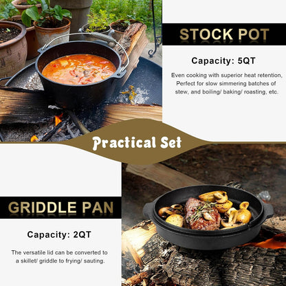 Pre-Seasoned Cast Iron Camp Dutch Oven with Accessories, 5QT Pot | Open Fire Camping Cookware with 2QT Skillet Lid for Outdoor Campfire Cooking - Baking Sourdough Bread, Oven Safe4