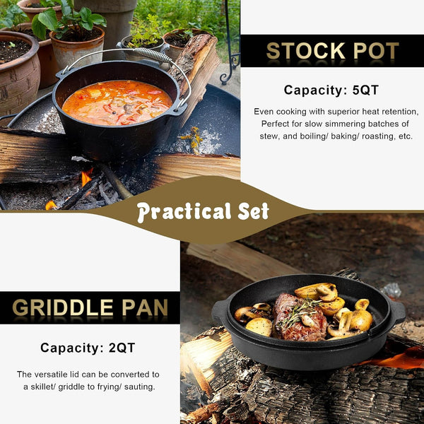 Pre-Seasoned Cast Iron Camp Dutch Oven with Accessories, 5QT Pot | Open Fire Camping Cookware with 2QT Skillet Lid for Outdoor Campfire Cooking - Baking Sourdough Bread, Oven Safe4
