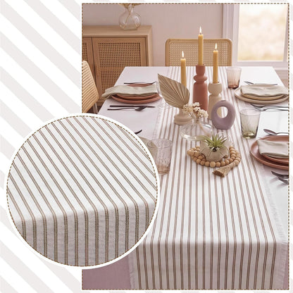 Striped Table Runner 71X12 Inch Brown Cotton Linen Fringe3