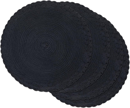round Placemats Set of 4 Boho Braided Border 15 Inch Circle Place Mats Washable Fabric Table Mats for Kitchen Dining Table, Black1