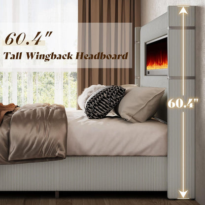 King Bed Frame with Fireplace, Upholstered Headboard, Light Gray5