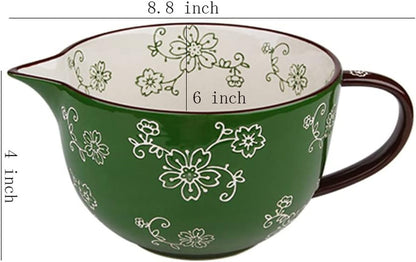 Cherry Blossom Pattern Kitchen Ceramic Mixing Bowl, 1 Quart Large Bowl, with Pouring Spout and Handle2